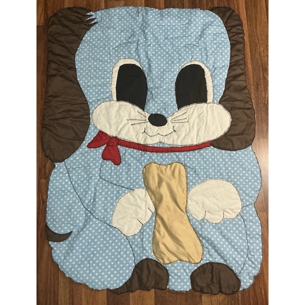 Handmade Critter Coverlette/Quilt DOG W/BONE 49" X 37"  Blue Polka Dot Brown Red